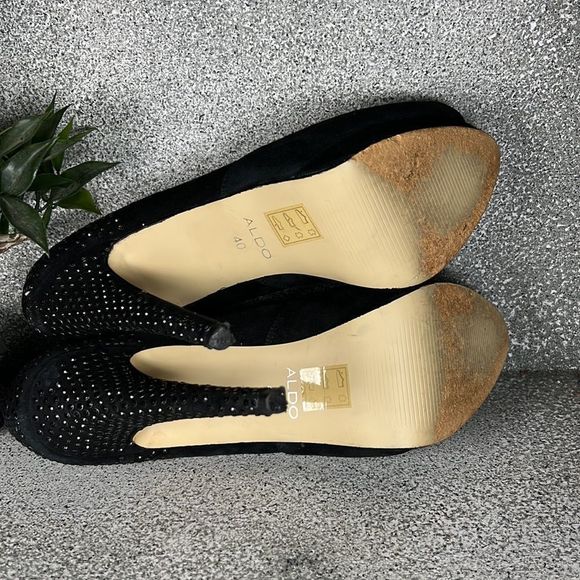 Aldo Eliers Black Rhinestone Embellished Peep Toe Pumps Heels Shoes Size 9 - Picture 8 of 10